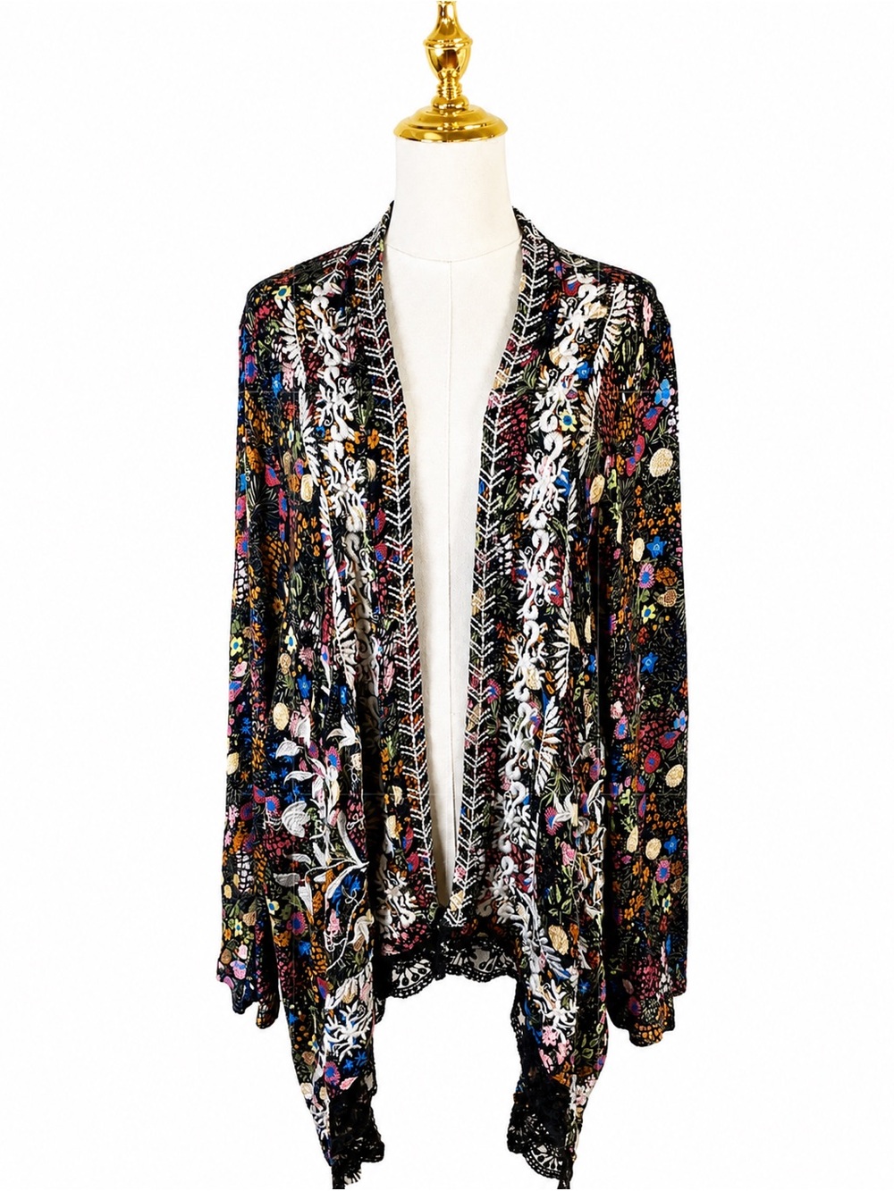 Sundance Floral Embroidered Cardigan Kimono | Boho Open Front Lace Trim | Women - Picture 2 of 11